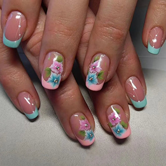 24pcs Mid-length Square Colorful Flower French Design Acrylic Nails
