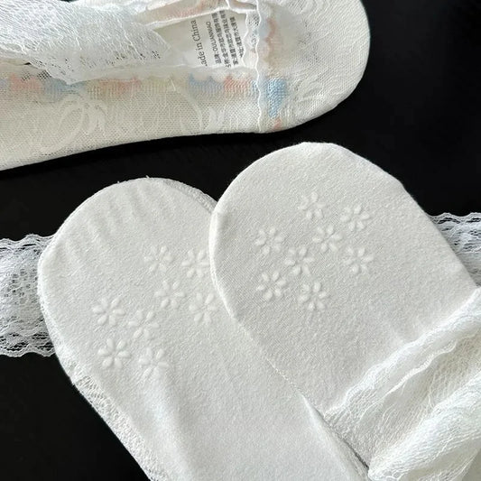 White Ballet Lace Strap Boat Socks Non-slip