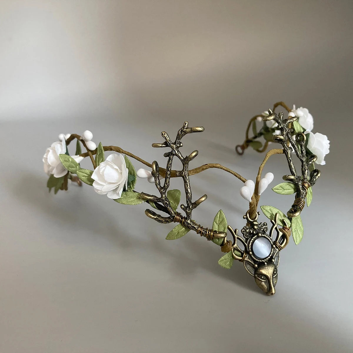White Flower Fairy Crown - Handmade Rose Woodland Headpiece Forest Elf Crown Elven Floral Circlet for Women Renaissance cosplay