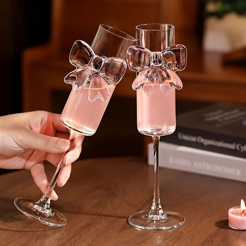 1-pack creative pink bow champagne tall wine glass sparkling wine glass suitable for family dining table outdoor party festival