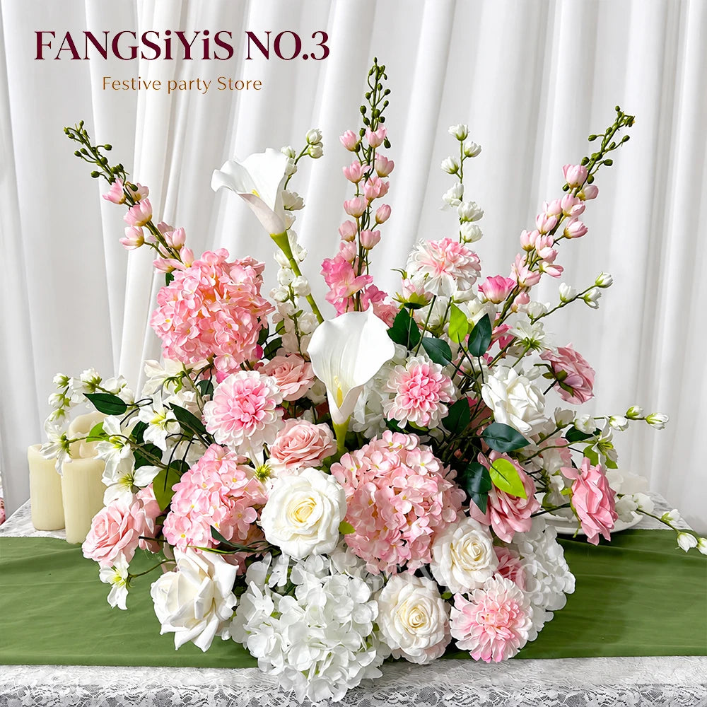 Luxury Pink White Artificial Flower Arrangement Calla Lily Hydrangea Rose Floral Centerpiece Wedding Table Party Backdrop Decor
