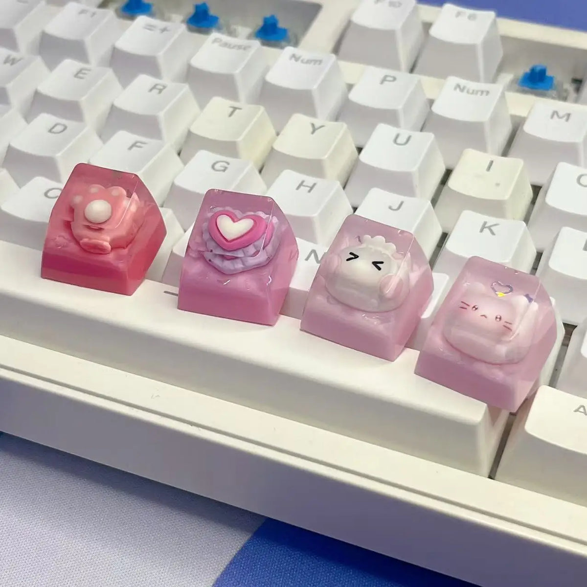 DIY Cute Pink Cat Head Keycap Transparent Resin Glitter