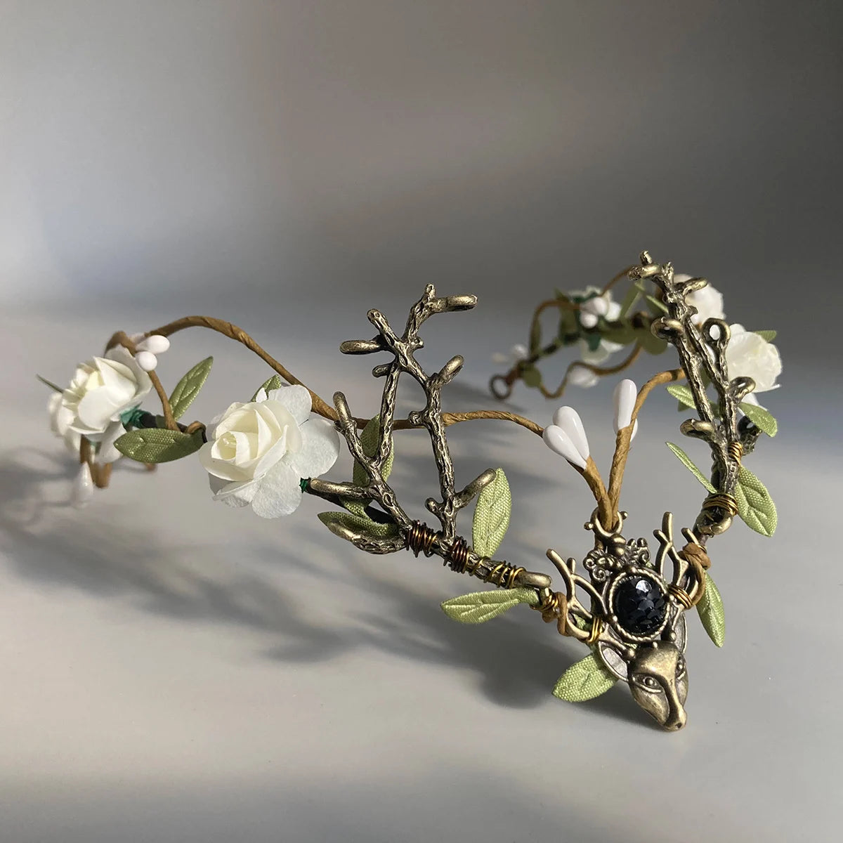 White Flower Fairy Crown - Handmade Rose Woodland Headpiece Forest Elf Crown Elven Floral Circlet for Women Renaissance cosplay