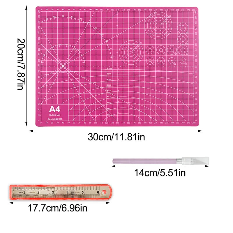 Crafting and Drawing Cutting Mat Set, A4 Pink Eco-Friendly Patchwork Mat, Non-Slip Carving Knife with Handmade Blades, 15cm Steel Ruler, Complete Carving Tools, Suitable for DIY Crafts and Scrapbooking. Holiday gifts,