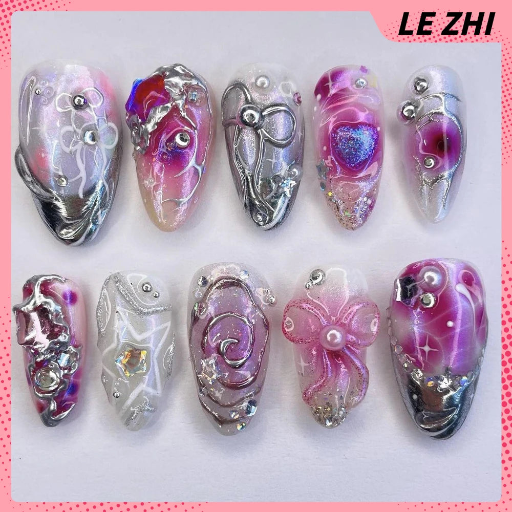 10Pcs 3D Flower Bow Gel Acrylic Nails Almond