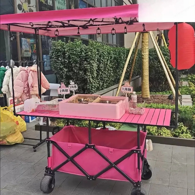 Large Foldable Stall Table Lift Trolley, Mobile Vendor Cart with Rainproof Sun Awning