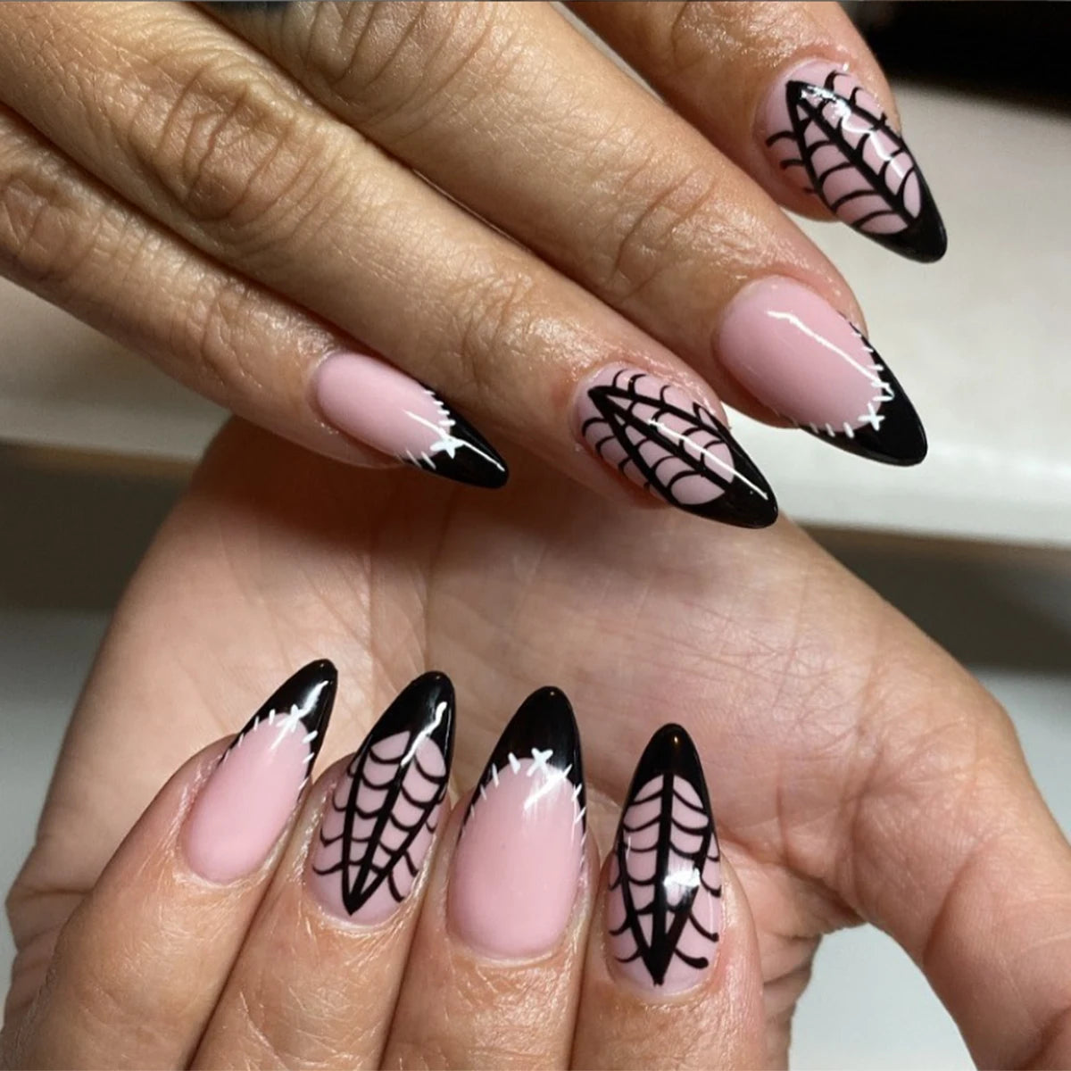 24pcs Long Square Press On Nails, Nude Black Pink French Tips with Ghost Bat Spider Web Blood Drip Print, Sweet Gothic Halloween