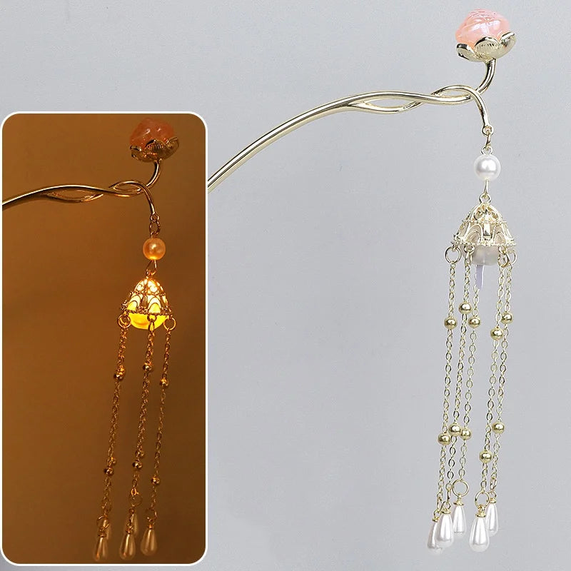 Luminous Flower Hairpin Lotus Light Lantern Tassel Hair Stick