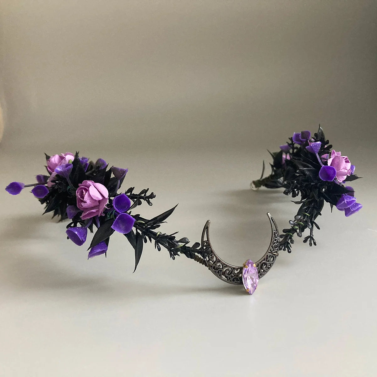 Black Elven Crown Purple Floral Woodland Crescent Tiara Headband Fairy Circlet Witch Headpiece Elvish Tiara Elven Diadem Renaiss