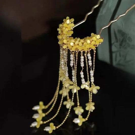 Ancient Style Osmanthus Hairpin with Tassels, Hanfu Hairpin, Ming-Style Accessories, Women's Hair Curtain, Step-Robe, Horse-Face Skirt Hair Ornament