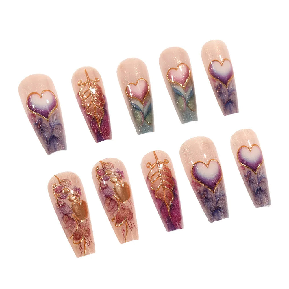 24pcs/set 3D fake nails for women girls flowers heart gradient green orange purple Pink french ballet tips press on false nails