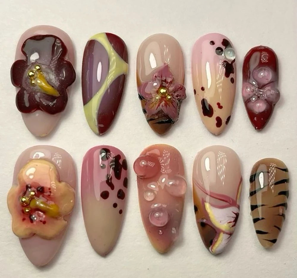 10Pcs 3D Flower Bow Gel Acrylic Nails Almond