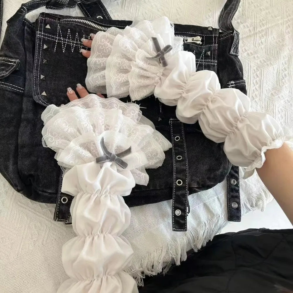 Y2K Lolita Jk Lace Fingerless Gloves Kawaii White Lace Women Sleeve Cover Ballet Strap Bow Cosplay JK Clothing Accessories