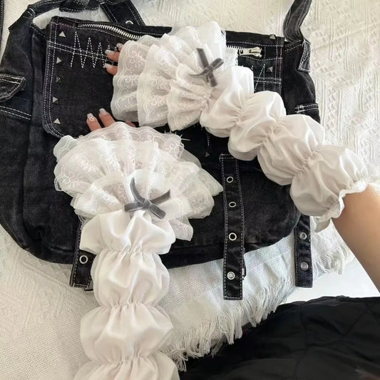 Y2K Lolita Jk Lace Fingerless Gloves Kawaii White Lace Women Sleeve Cover Ballet Strap Bow Cosplay JK Clothing Accessories