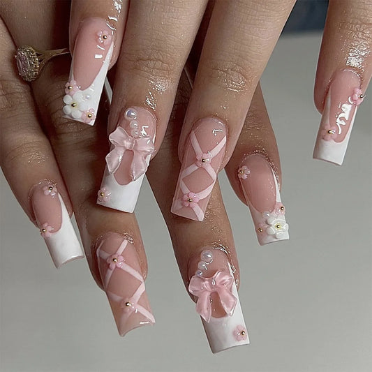 24Pcs 3D Bow Design Pink Long Square with Flower Rhinestone Acrylic Nails