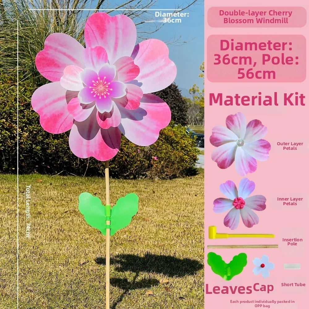 1pc/2pcs Multistyles Rotating Wind Spinner Windmill Cherry Blossom Colorful Standing Lawn Flower Pinwheel Double Layered PVC