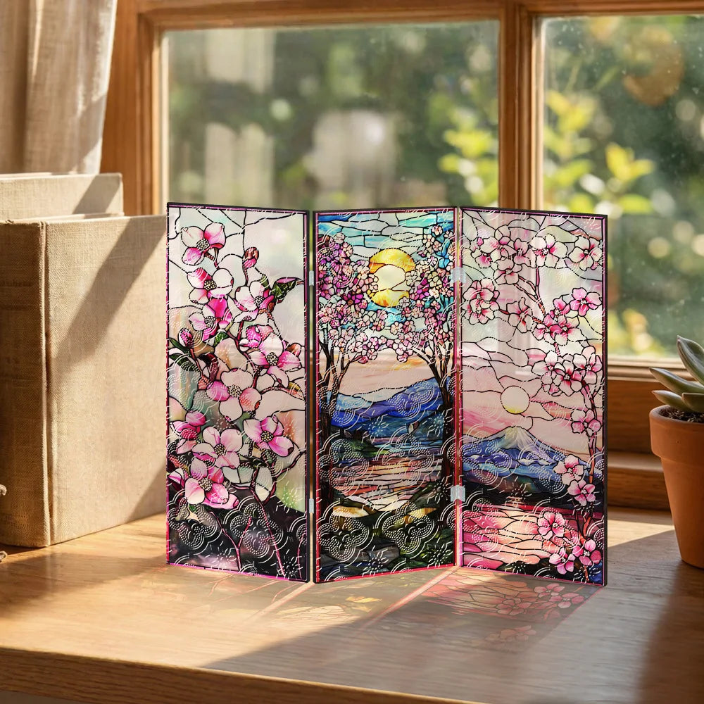 Folding Translucent Acrylic Screen, Painted Pink Floral Decorative Painting Table, Entrance TV Cabinet Gift