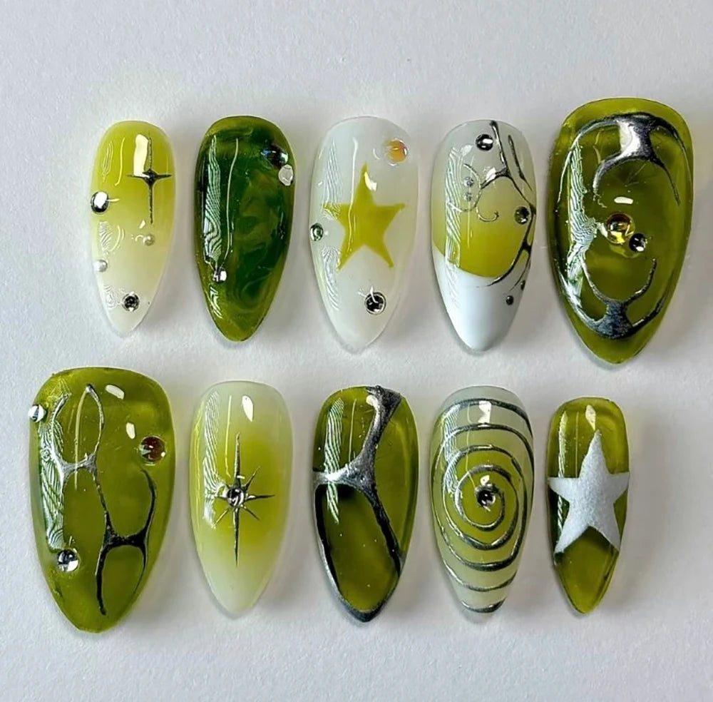 10Pcs 3D Flower Bow Gel Acrylic Nails Almond