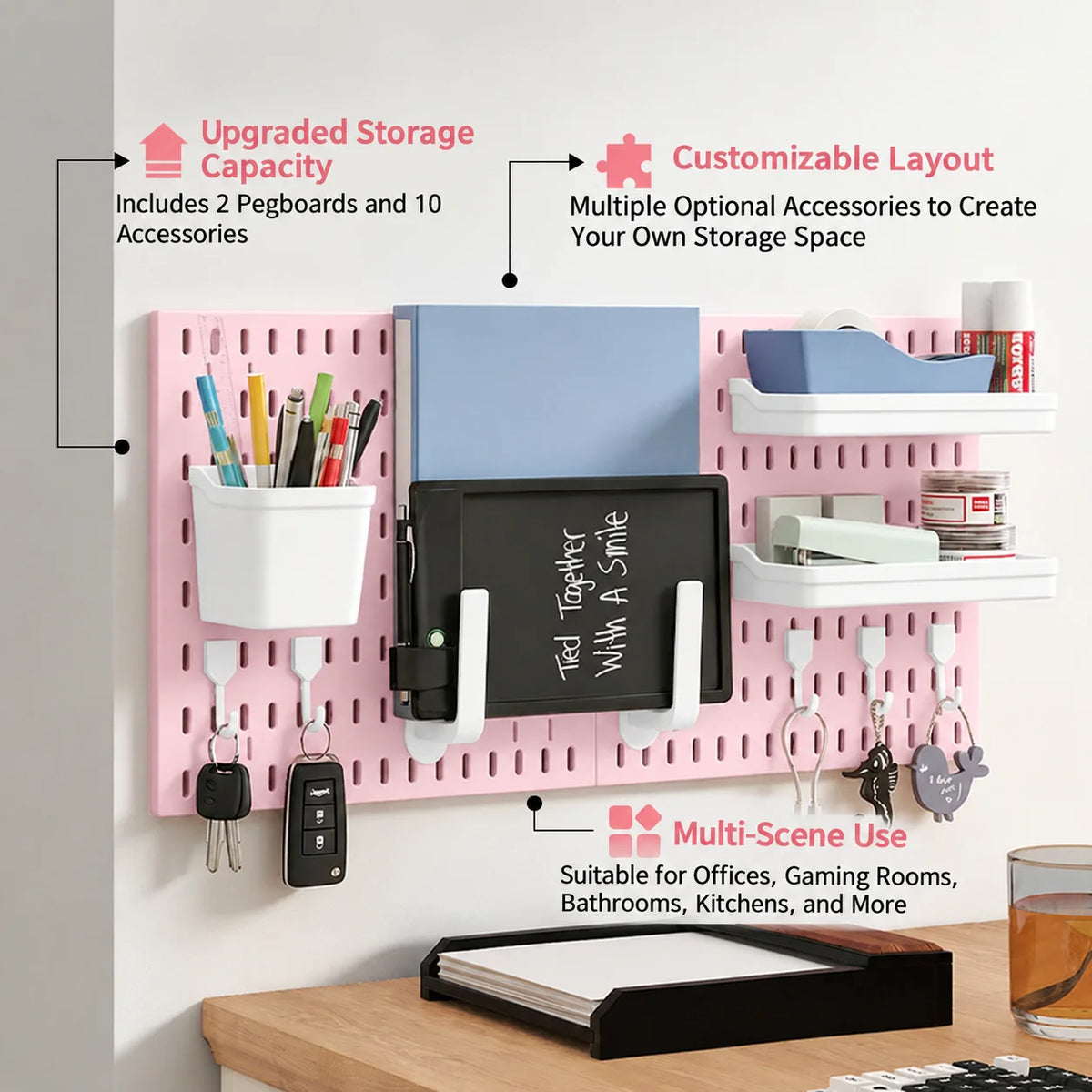 Pink No Drill Pegboard Storage Organizer Combinable Wall Mount Board for Gaming Desk Headset Game Controller Storage