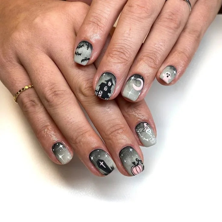 24pcs Long Square Press On Nails, Nude Black Pink French Tips with Ghost Bat Spider Web Blood Drip Print, Sweet Gothic Halloween