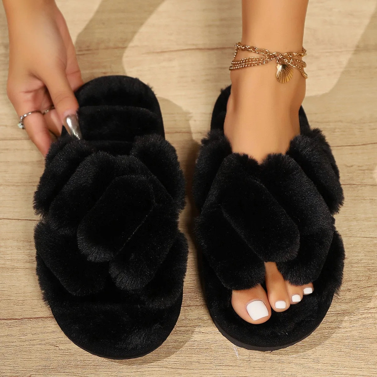 Fluffy Cross Strap Fur Warm Plush House Slippers