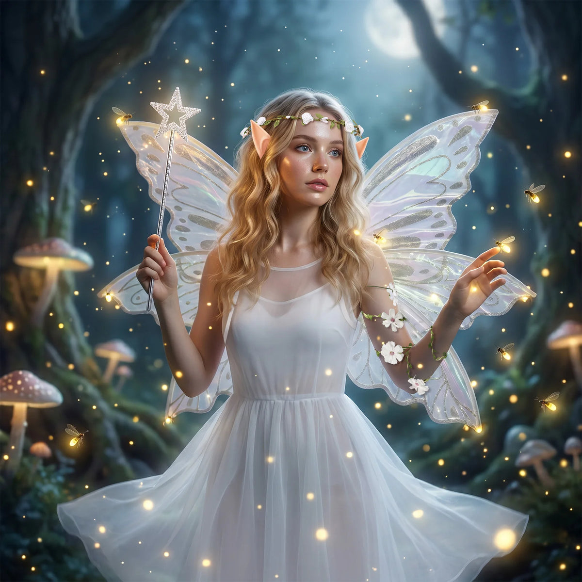 Elf Wing Dress Up Fairy Costume Set with Floral Garland Fairy Hair Tinsel Wand and Elf Ear Princess Halloween Costume Photo Prop