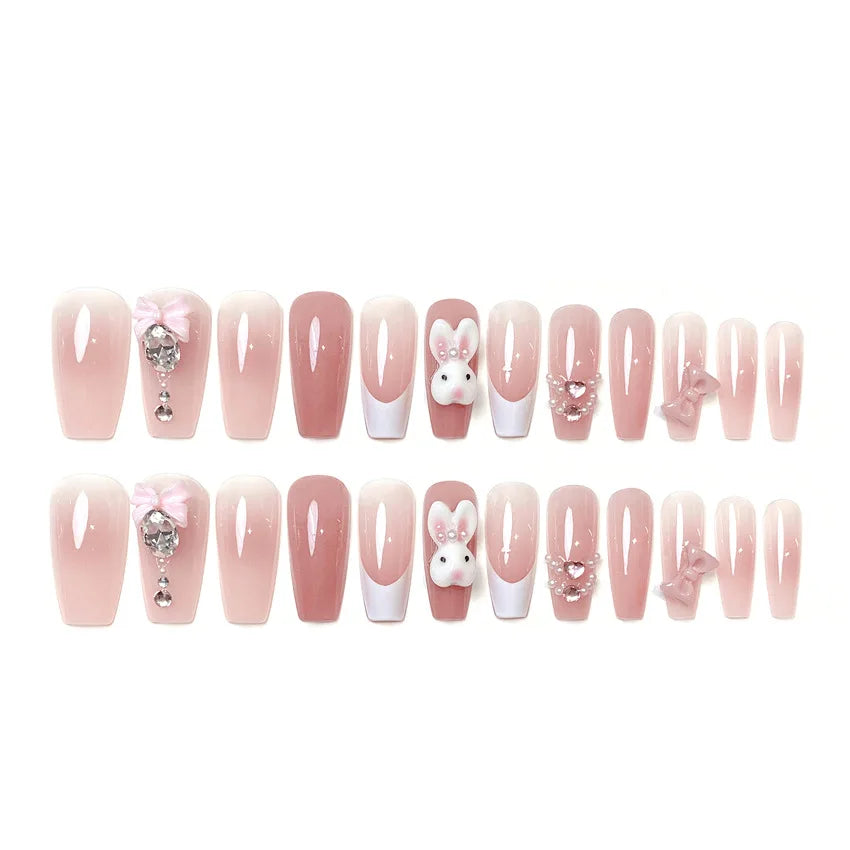 24pcs Kawaii Cartoon Rabbit Press On Nails Bowknots Diamond Decor Mid-length Coffin False Nail White French Blush Pink Fake Nail