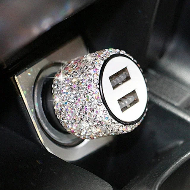 Rhinestone Car Charger 5V 2.1A Dual USB Port Fast Adapter Pink Car Decor Car Styling Diamond Car Accessories Interior for Woman