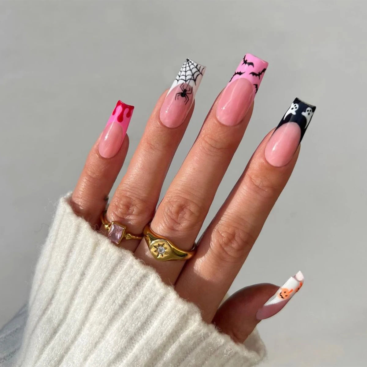24pcs Long Square Press On Nails, Nude Black Pink French Tips with Ghost Bat Spider Web Blood Drip Print, Sweet Gothic Halloween