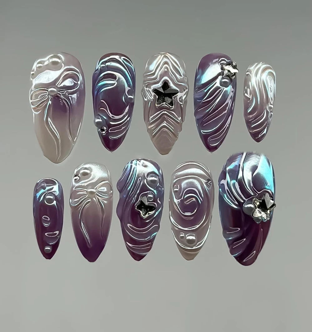 10Pcs 3D Flower Bow Gel Acrylic Nails Almond