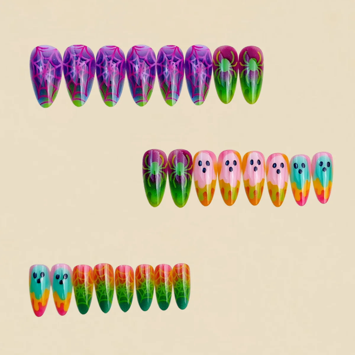 Neon Gradient Color Halloween Press on Nails 3d Ghost Spider Fake Nails Acrylic Nails Fake Nail Full Coverage False Nails Art