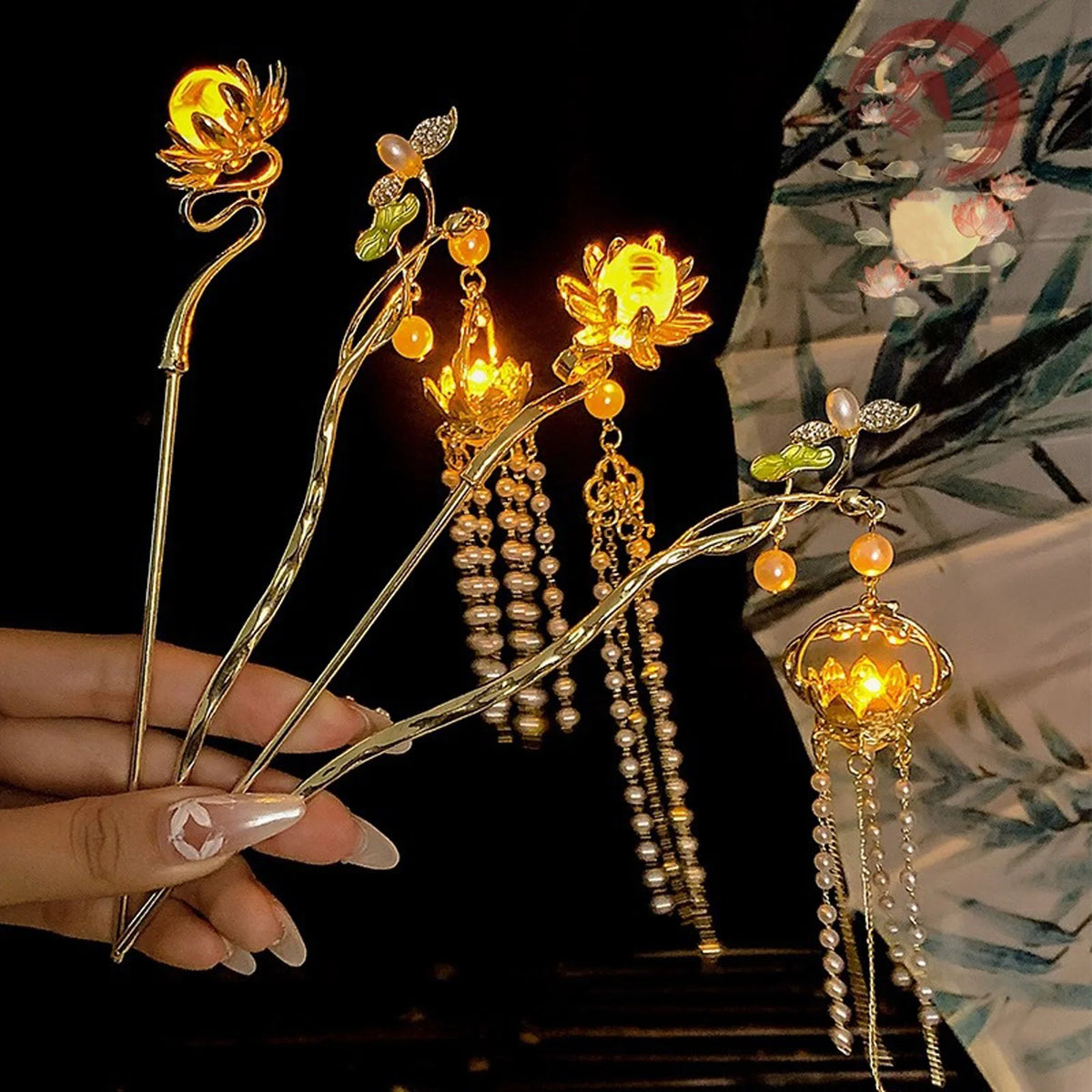 Luminous Flower Hairpin Lotus Light Lantern Tassel Hair Stick