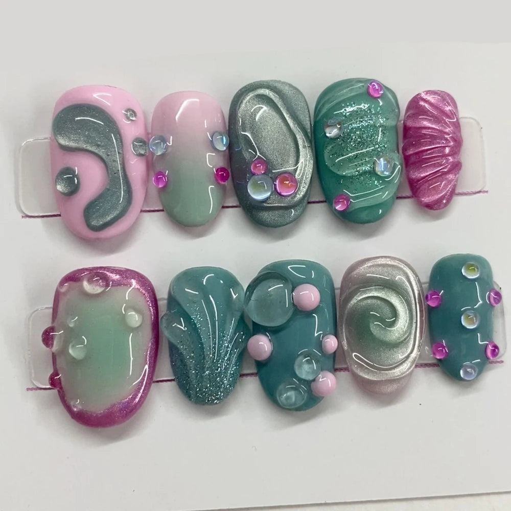 10Pcs 3D Flower Bow Gel Acrylic Nails Almond