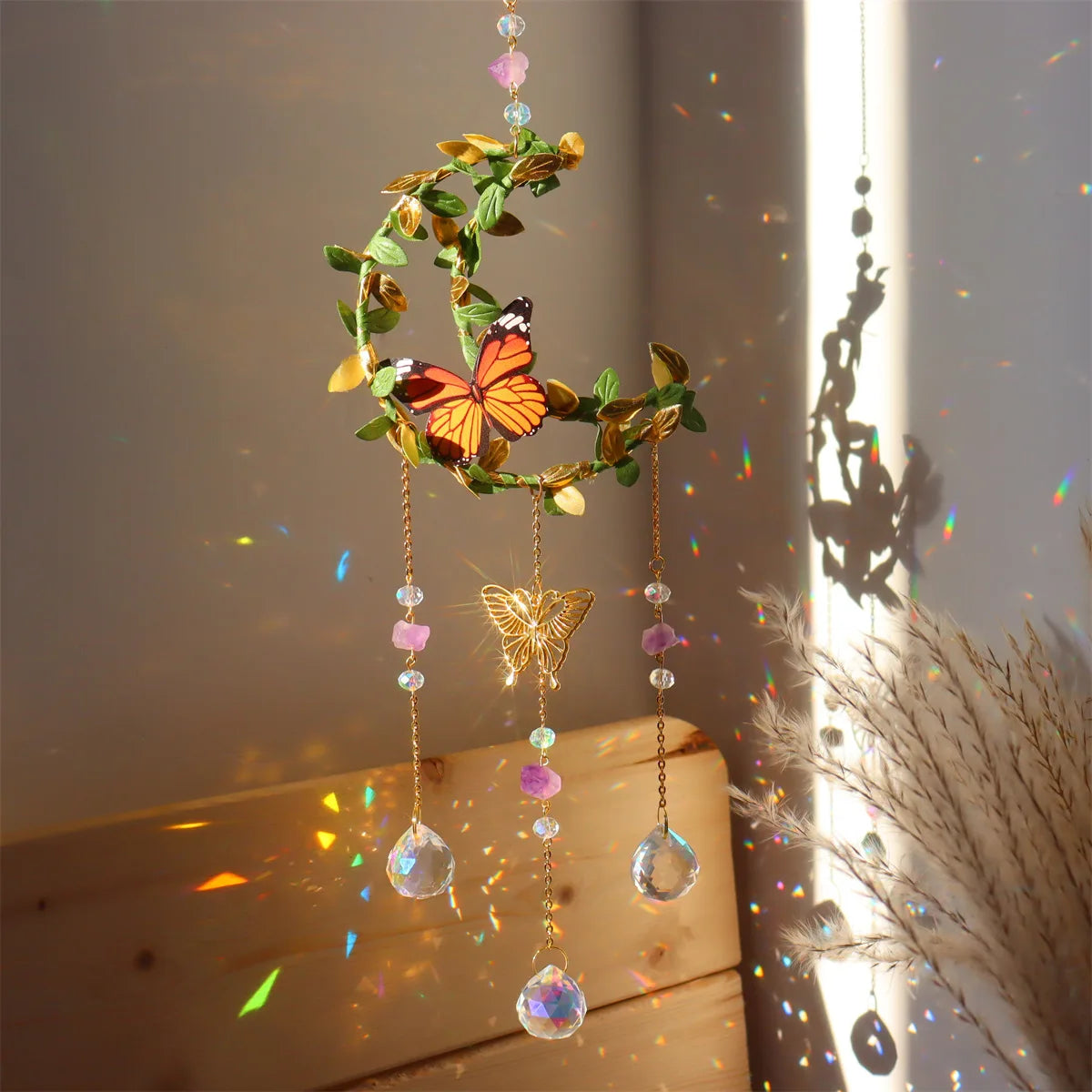 Nature-Inspired Sun Catchers & Crystal Balls: Leaves, Butterflies, Moon and Wind Chime Garden Ornaments
