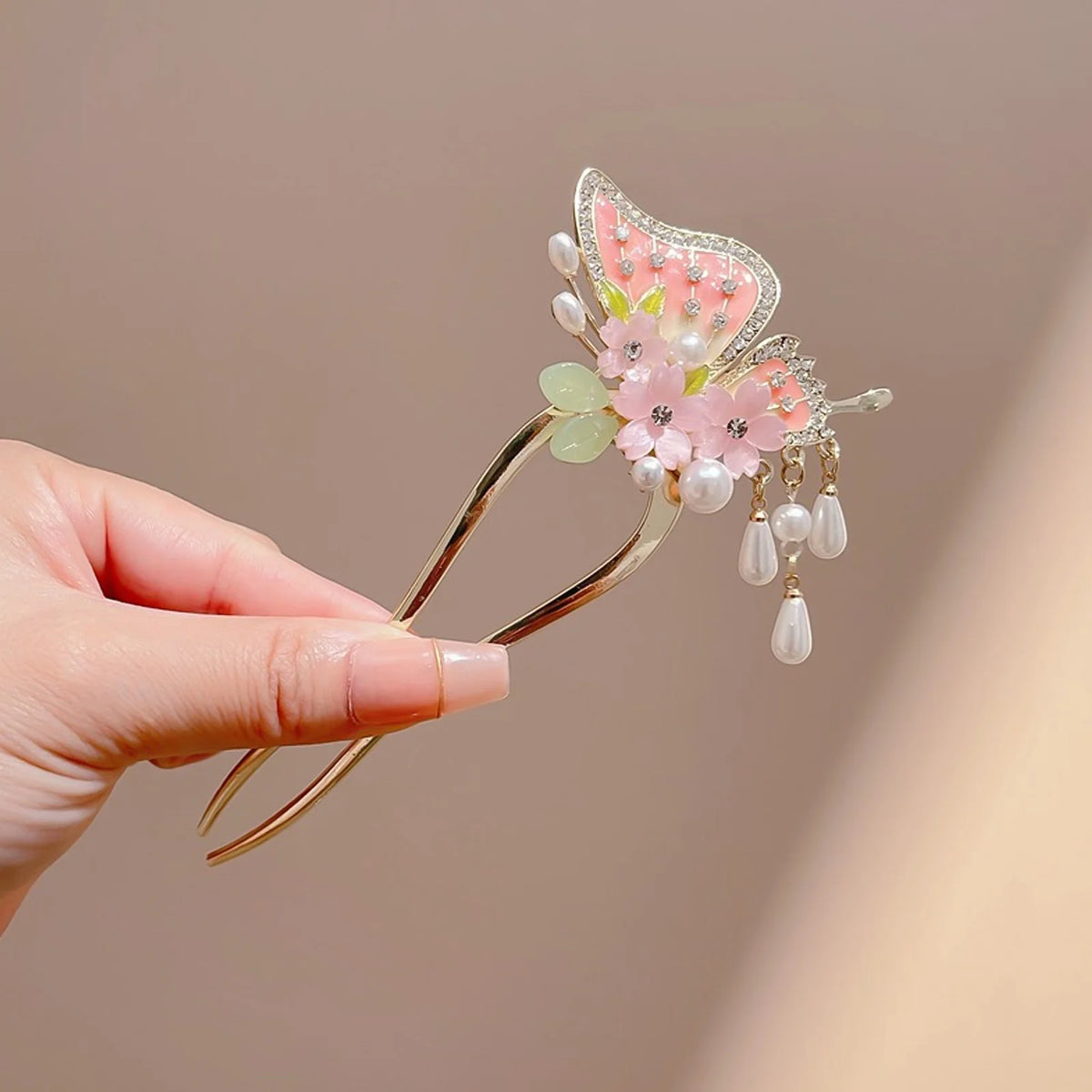 Elegant Pink Flower Hair Pin U Shaped Floral Hair Sticks Forks Pearls Chain Tassel Hairclips Woman Girls Step Shake Hair Jewelry