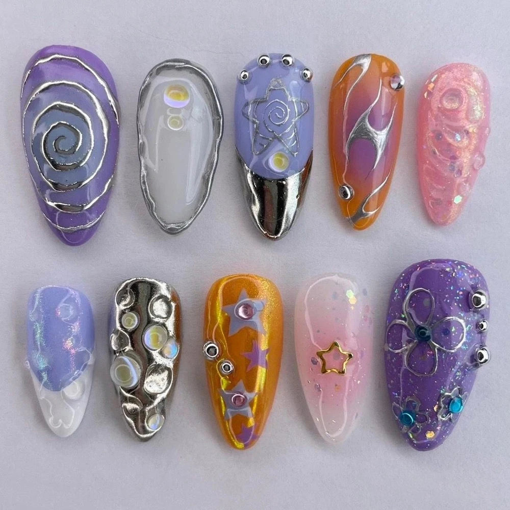 10Pcs 3D Flower Bow Gel Acrylic Nails Almond