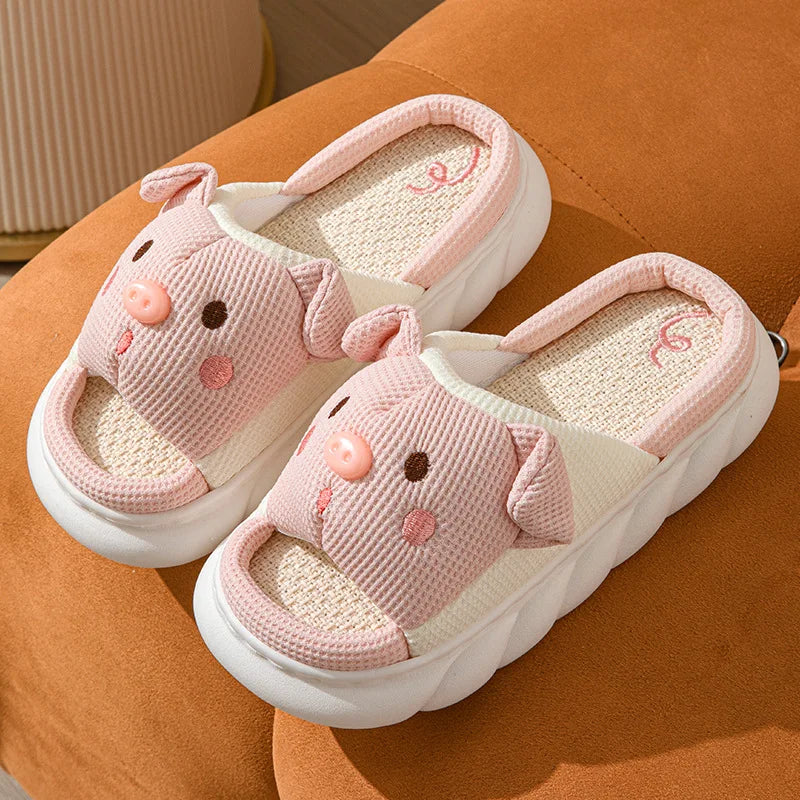 Home Linen Slipper for Women Cute Bunny Clouds Flip Flops Female Design Cozy Shoes Slides Four Season Platform Couples Sandals