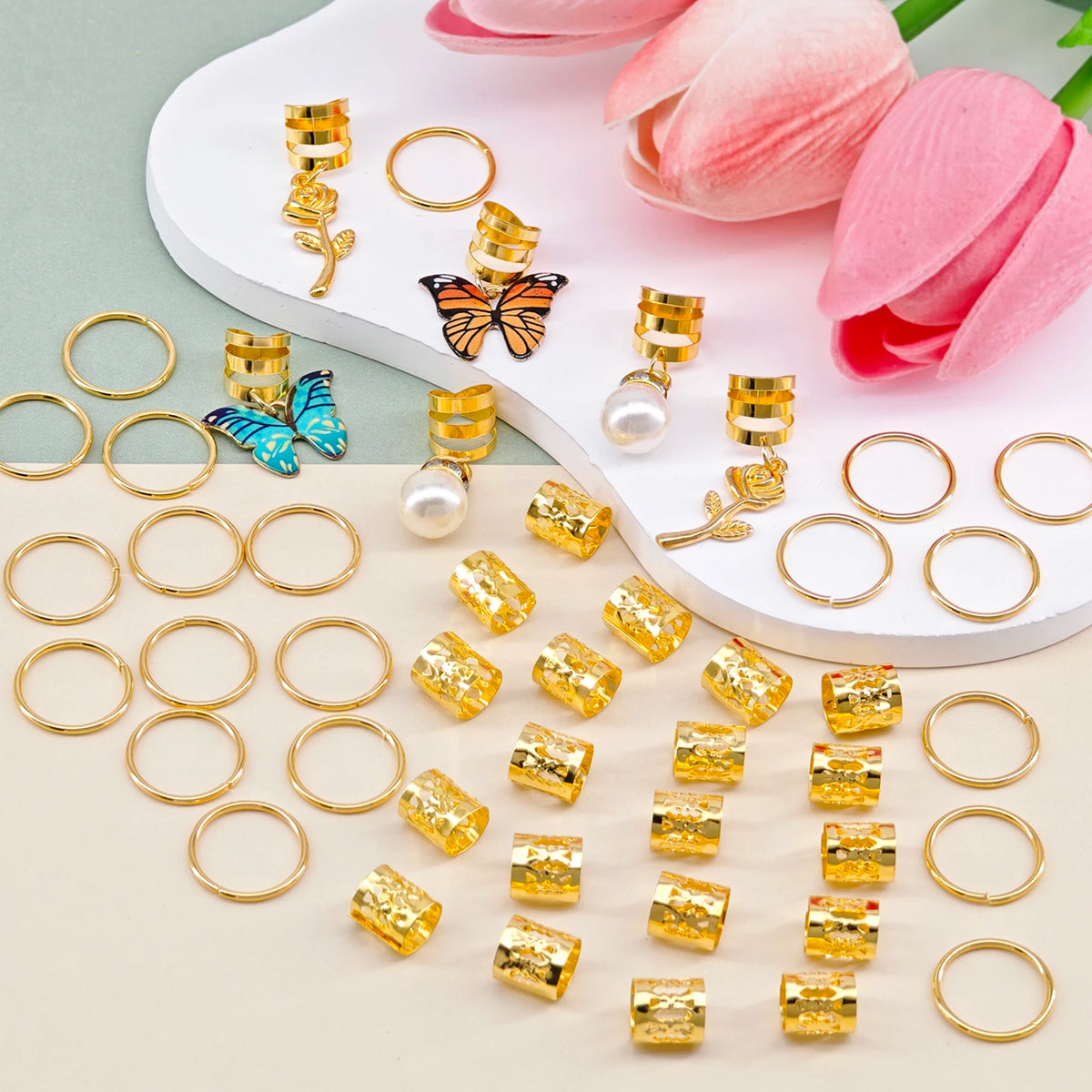 46Pcs Rose Butterfly Braid Clips Crystal Dreadlock Hair Accessories Colorful Butterflies Pendant Charms Pearl Hair Jewelry Gifts