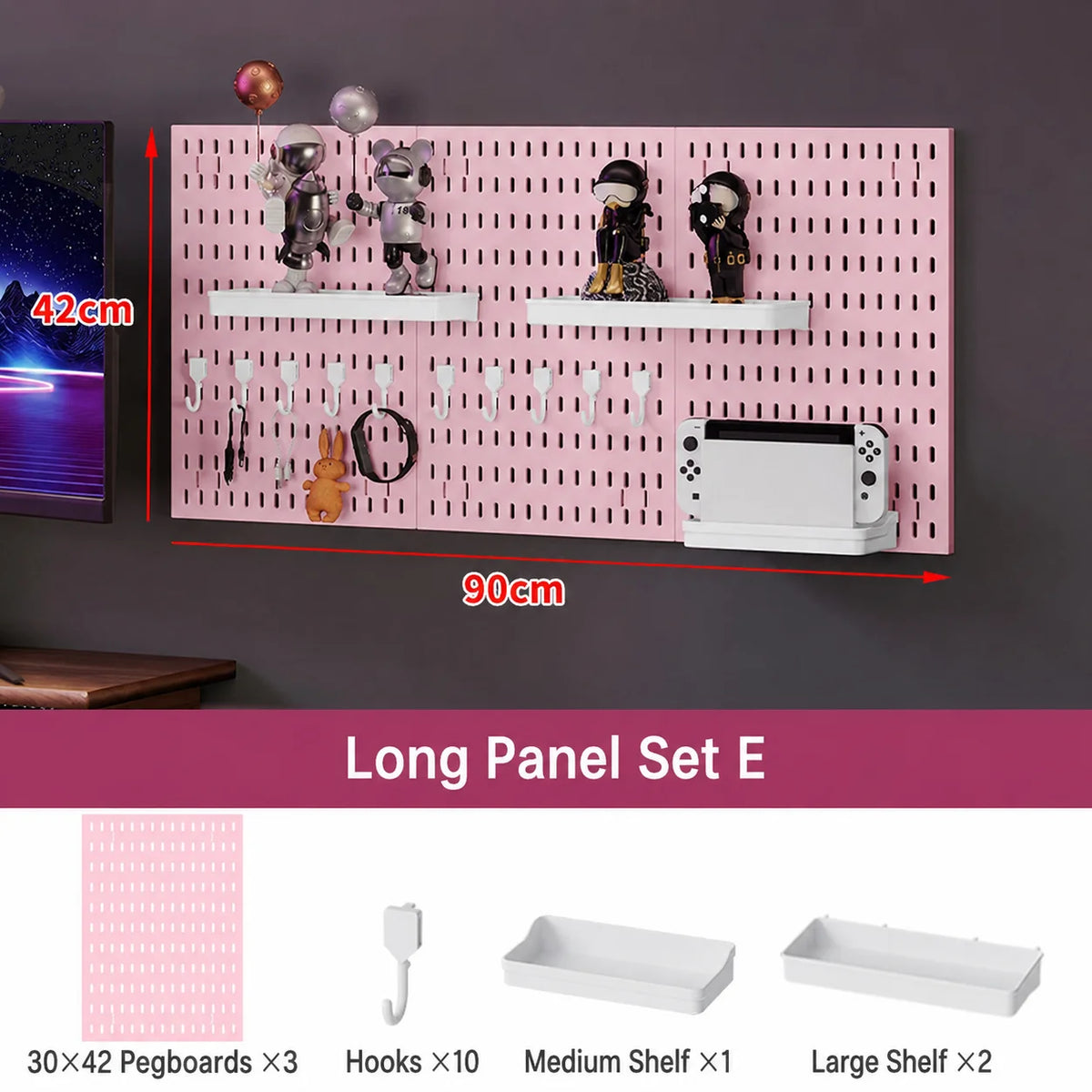 Pink No Drill Pegboard Storage Organizer Combinable Wall Mount Board for Gaming Desk Headset Game Controller Storage