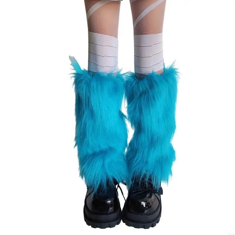 E56A Plush Furry Leg Warmers for Women Winter Boot Toppers Thermal Warm Bright Blue Fuzzy Foot Covers Footless Socks Gaiters