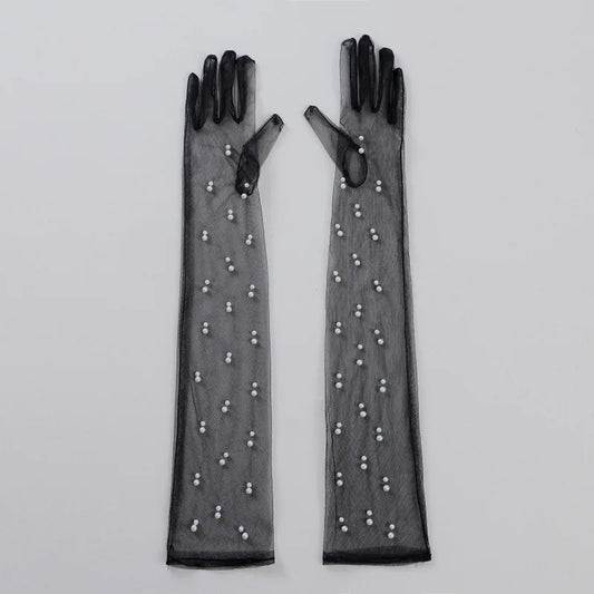 55CM Sexy Lace Thin Hollow Transparent Long Pearl Decoration Gloves Soft Breathable Solid Net Yarn Women Man Stage Performance