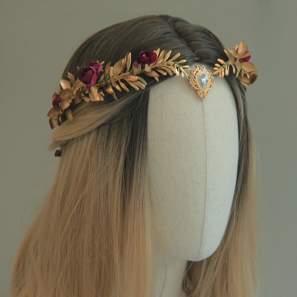 Gold Leaf Crown Burgundy Elven Circlet Crown