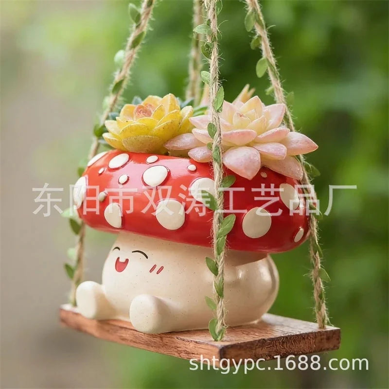 Mushroom Hanging Planter Cute Cartoon Smiling Doll Swing Pot For Outdoor Balcony For Kids Women Gift For Halloween Christmas