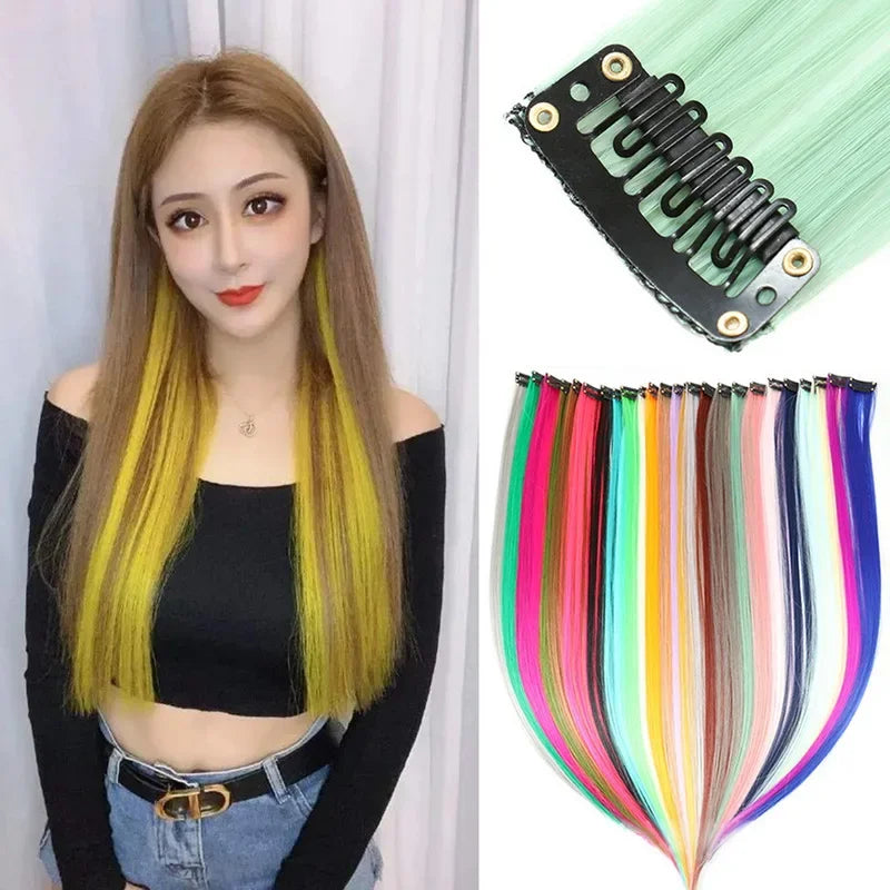 22 Inch Colored Highlight Synthetic Hair Extensions Rainbow Long Straight Hairpieces for Women Kids Girls Purple Pink Blue