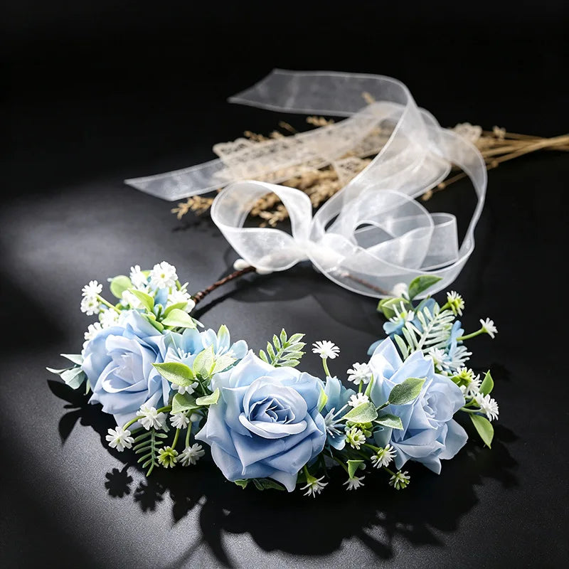 Haze Blue Flower Hair Hoop with Long Tulle Ribbon for Outdoor Wedding Engagement Women Girls Headwear