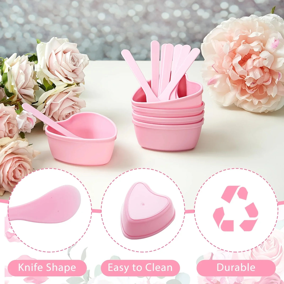 6-piece Pink Heart Shaped Facial Mask Mixing Bowl with Scraper Plastic DIY Skin Care Tool, Suitable for Family and Salon