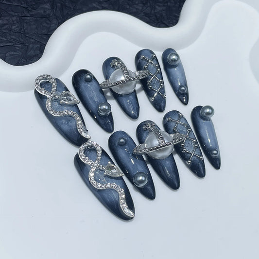 Mysterious Cosmic Dark Blue With Diamond Snake Almond Acrylic Nails