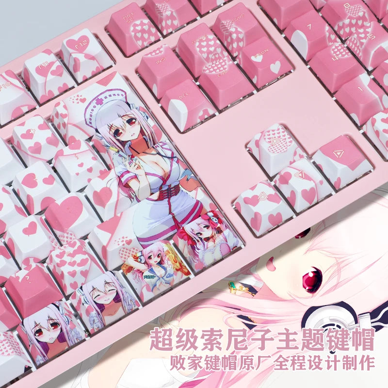 108 Keys PBT 5 Sides Dye Subbed Keycaps Anime Gaming Key Caps Pink Cherry