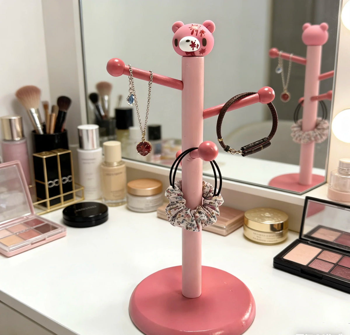 Cute Pink  Bear Wooden Jewelry Stand for Desk & Vanity