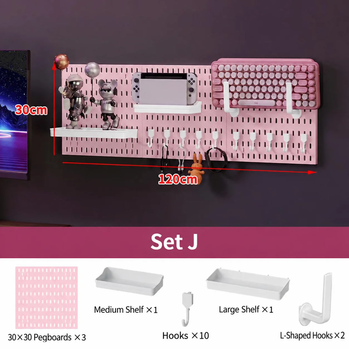 Pink No Drill Pegboard Storage Organizer Combinable Wall Mount Board for Gaming Desk Headset Game Controller Storage